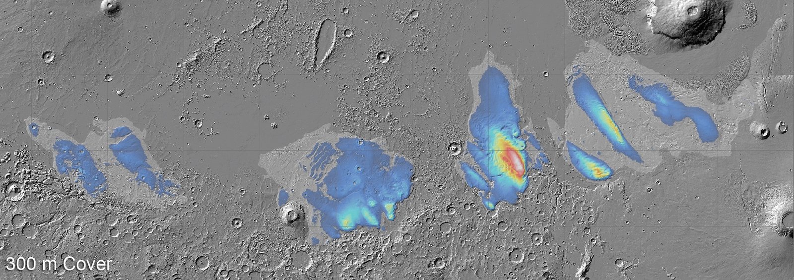 A greyscale image of mars with overlayed multiple radar maps of deposits some of which get really thick